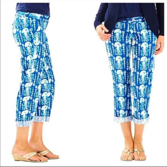 Lilly Pulitzer Cocoanut Walk Crop Pant Size 6 Indigo Get in Line Jellyfish - Picture 3 of 7